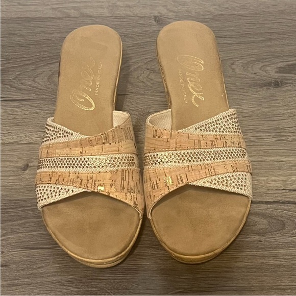 Onex Linen Blanche Cork Wedge Slip On Sandals With Rhinestone Embroidery. Size 9 - Picture 1 of 8